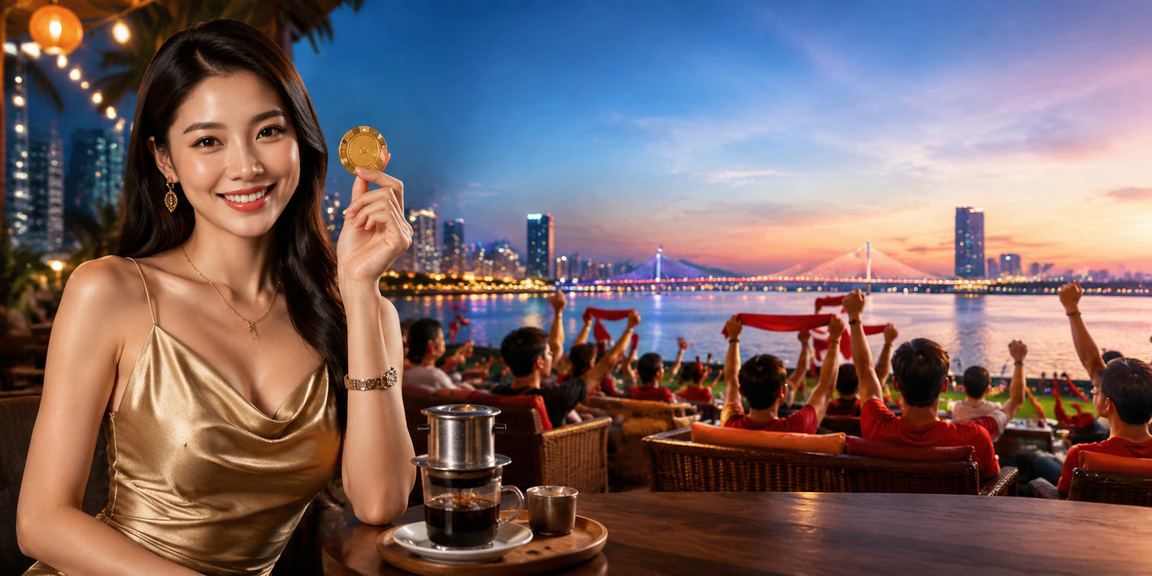 Người dùng tại Đà Nẵng ngồi cà phê theo dõi giao dịch tài chính và nhận thưởng VIP trên điện thoại