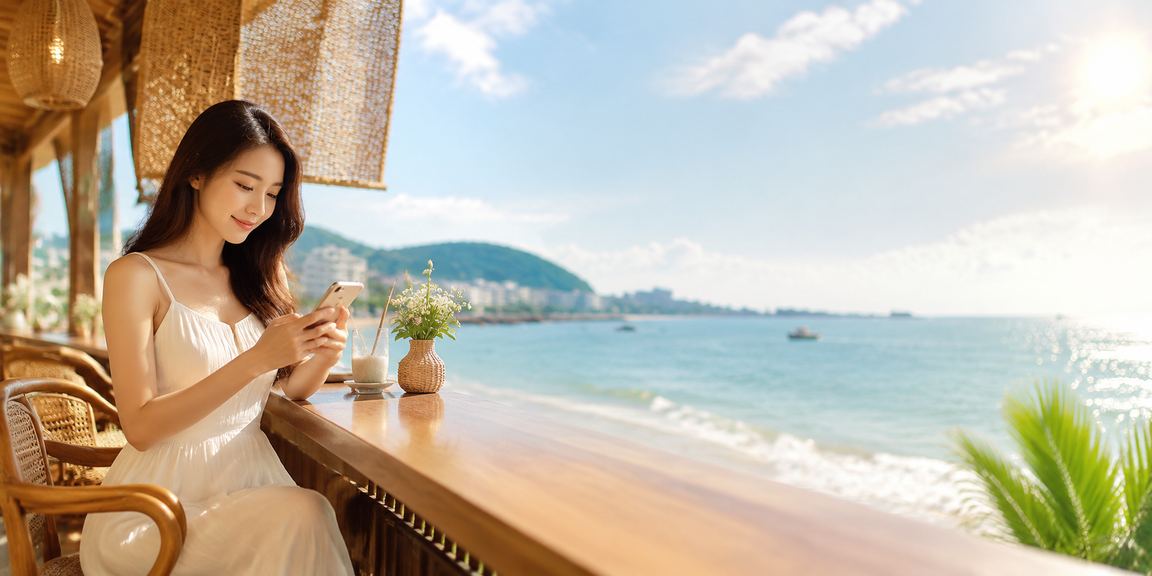 Phụ nữ đội nón lá tại Vũng Tàu sử dụng điện thoại để đặt cược casino trên nền tảng yu7