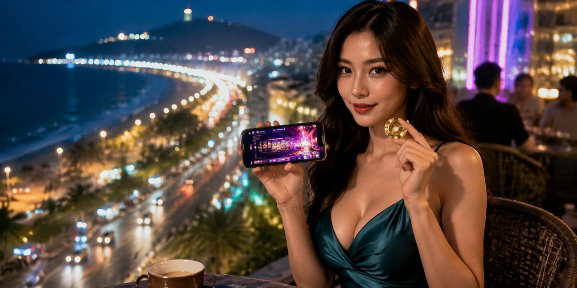 Người dùng tại Vũng Tàu ngồi cà phê ven biển thực hiện giao dịch nạp tiền trên điện thoại